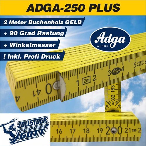 Zollstock ADGA 250 Plus-GELB mit Winkeleindruck im 1. Glied, PLUS 90° Grad Rastung / in 2 Druckmodis (Einzigartig)